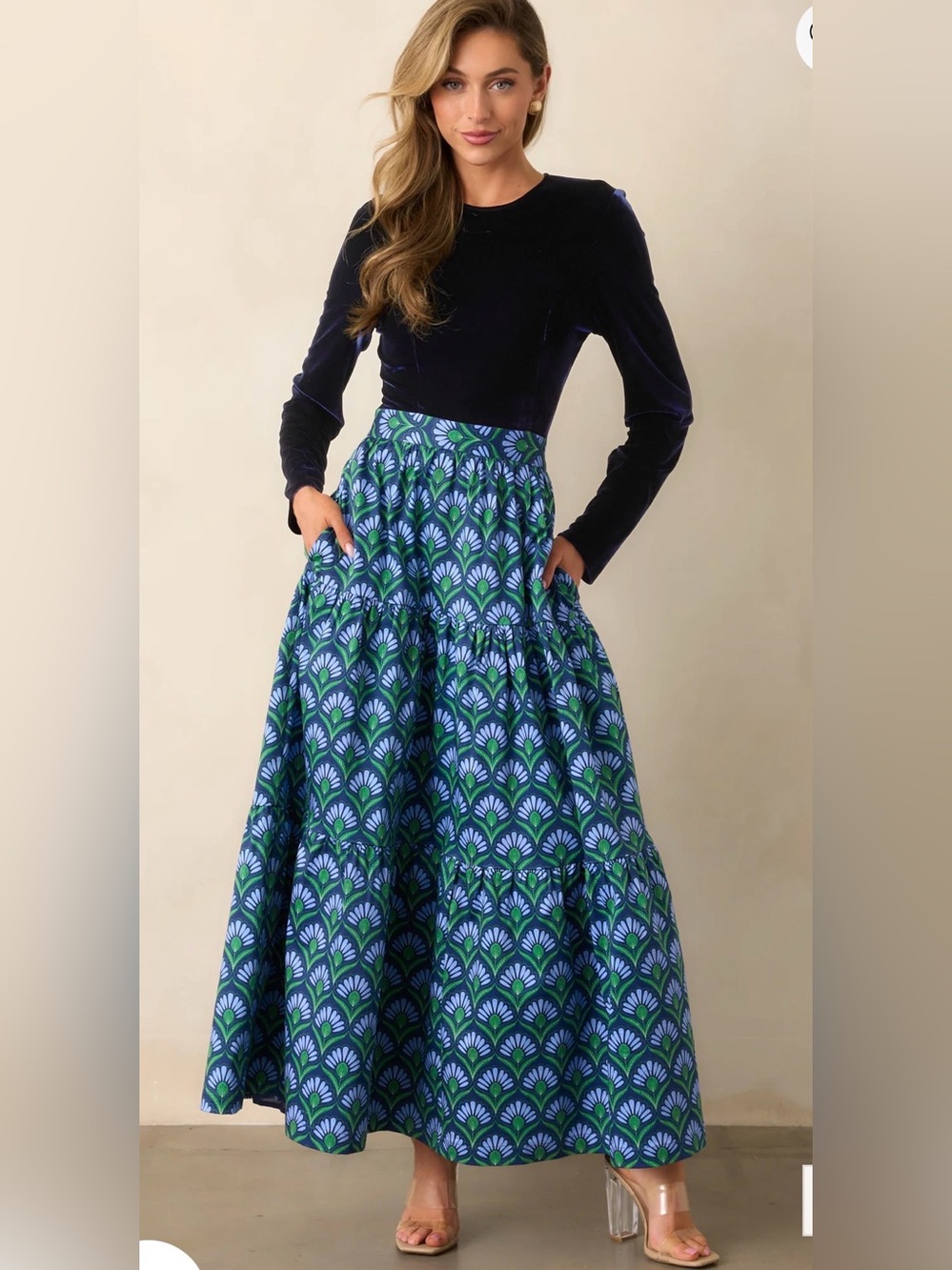 Prosperina Fontaine Blue & Green Patterned Tiered Maxi Dress